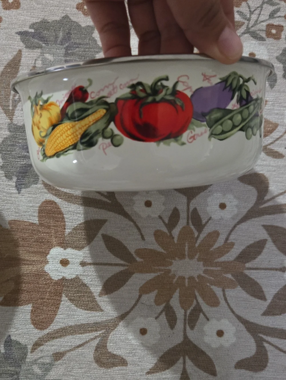 Vintage Farmers Market Enamelware 2 Nested Mixing Bowls Vegetable Design